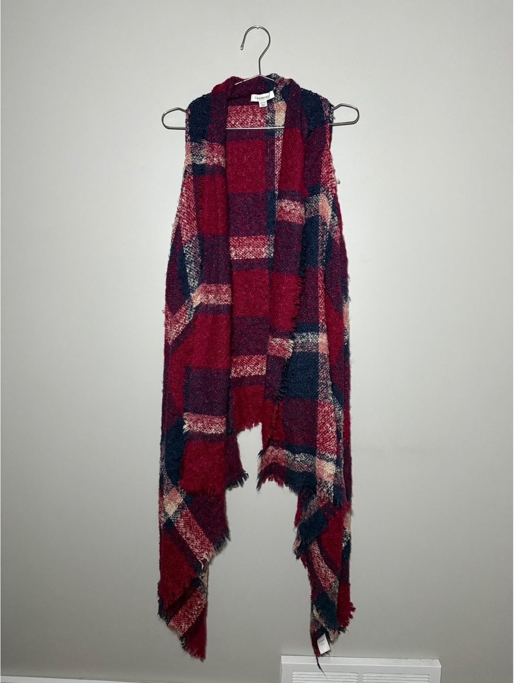 Francesca's Red Navy Plaid Open Sleeveless Cardigan One Size Cozy Fall